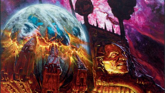 Warhammer 40k Abaddon the Despoiler - Games Workshop artwork showing Abaddon crushing the planet Cadia within the Talon of Horus