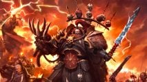 Warhammer 40k Abaddon the Despoiler - Games Workshop artwork showing Abaddon in battle, armed with Drach'Nyen and the Talon of Horus, flames and warriors around him