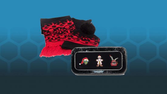 Warhammer 40k Christmas items -red and black scarf, set of three pin badges in a black case