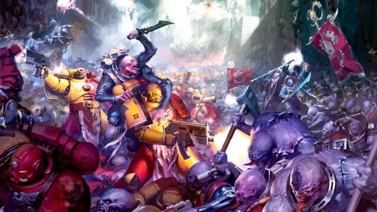 Warhammer 40k coop mode - a Howling Griffons Space Marine in quartered red and yellow power armor is overwhelmed by hordes of genestealer cult hybrids
