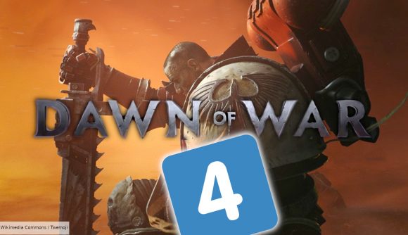 Warhammer 40k Dawn of War 4 guide - SEGA Dawn of War 3 trailer screenshot showing a Blood Ravens space marines sergeant with a chainsword, edited to show part of the Dawn of War 3 logo overlaid, plus a number four emoji.