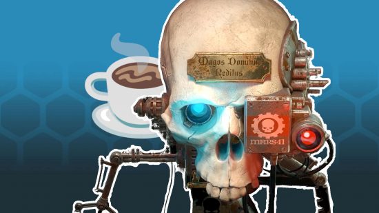 Warhammer 40k games - the skull of a mechanicus adept, closer to the viewer than an emoji of a cup of coffee