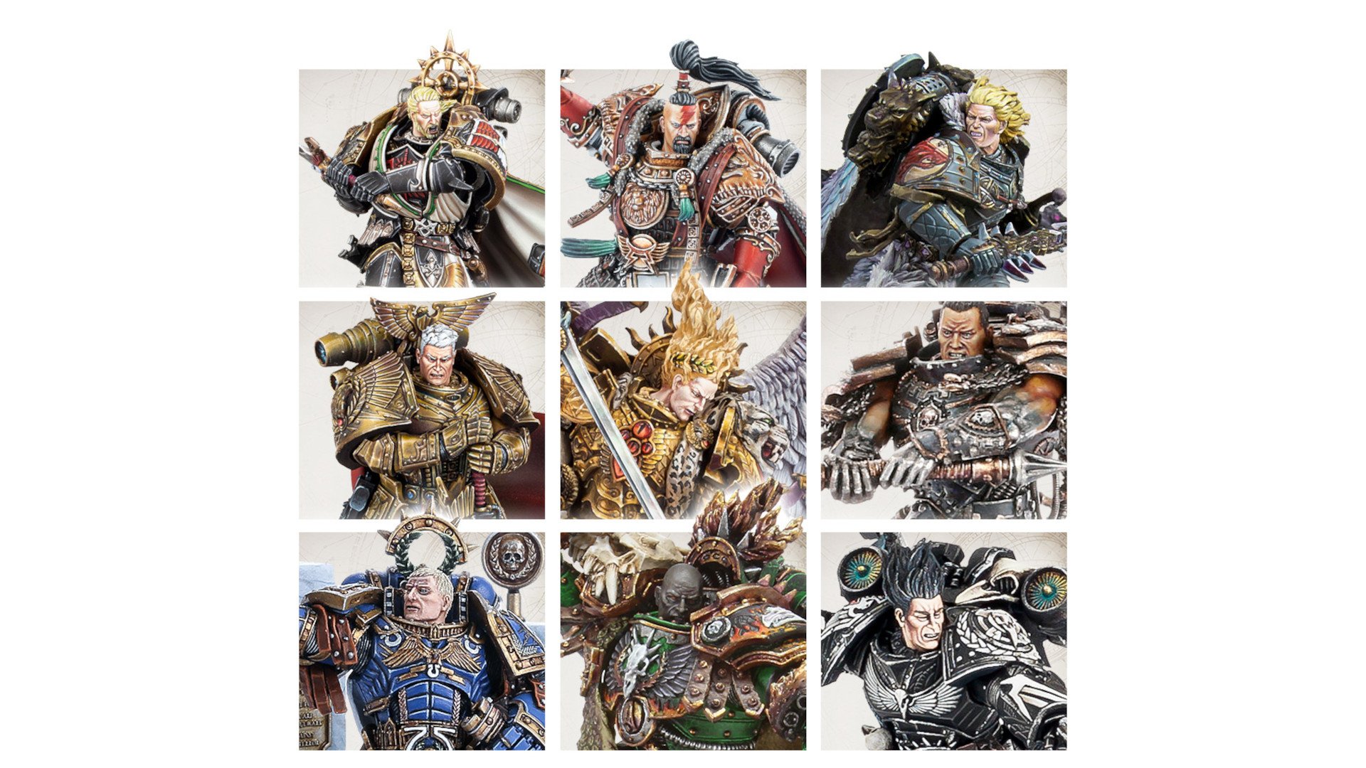 Warhammer 40k primarchs guide - Games Workshop image showing profiles of the nine loyalist primarch models made in Forge World Resin
