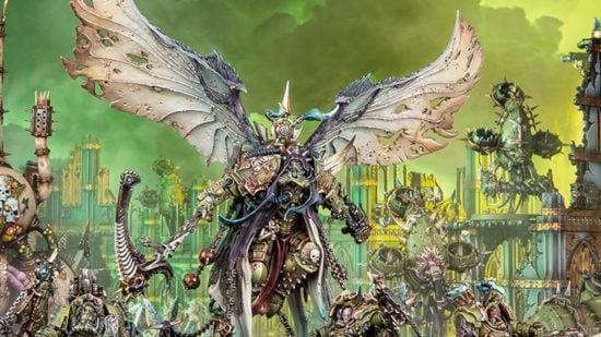 Warhammer 40k primarchs guide - Games Workshop image showing the new model of the daemon primarch Mortarion, among other Death Guard warriors