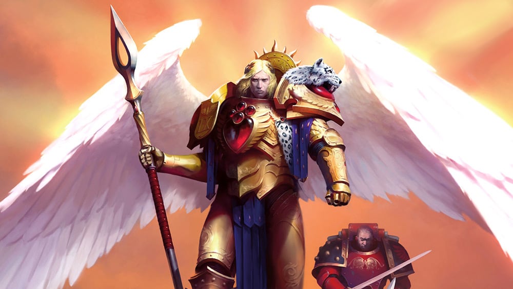 Warhammer 40k primarchs guide - Games Workshop artwork showing Sanguinius with wings unfurled holding the spear of telesto