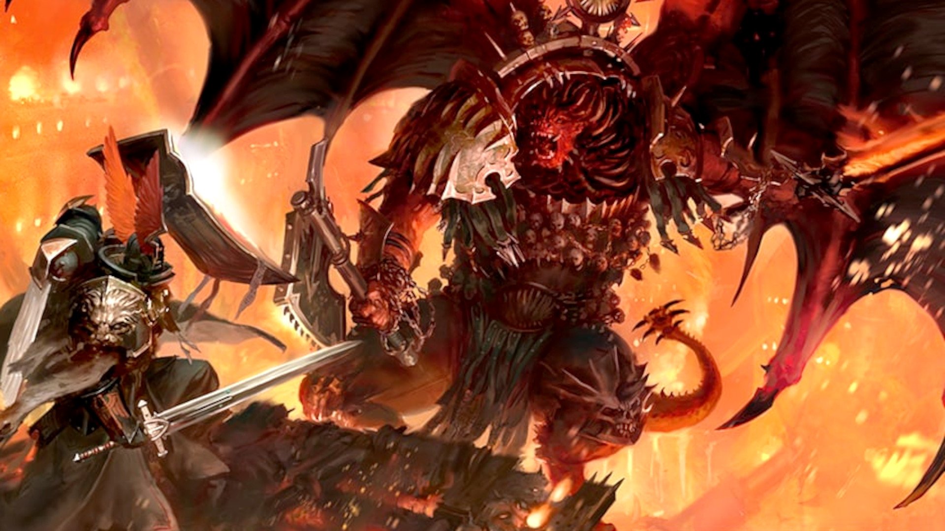 Warhammer 40k primarchs guide - Games Workshop artwork showing the revived Lion El'Jonson fighting the Daemon Primarch Angron
