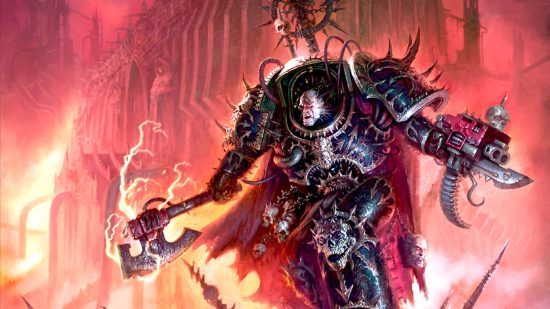 Cover art from the Warhammer 40k RPG Black Crusade by Mathias Kollros - a hulking, black armored Chaos Terminator Lord wielding a crackling power axe stands in front of a blazing citadel