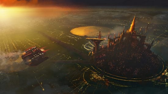Warhammer 40k RPG Imperium Maledictum art - Hive Rokarth, a vast industrial city visible from orbit