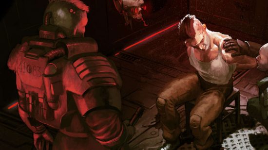 Grimdark secrets from Warhammer 40k RPG Imperium Maledictum - a guardsman prepares to interrogate a cultist