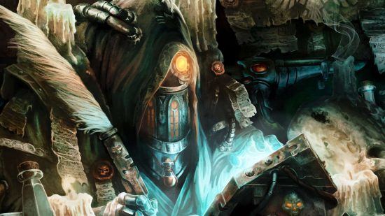 Grimdark secrets from Warhammer 40k RPG Imperium Maledictum - a mysterious patron writes into a book, their single glowing orange light visible under a heavy cloak