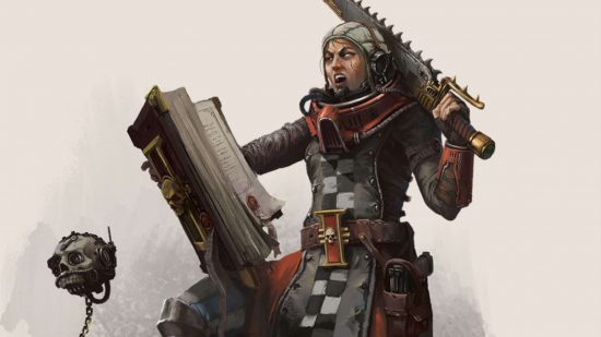 Grimdark secrets from Warhammer 40k RPG Imperium Maledictum - a preacher holding a chainsword and a huge book