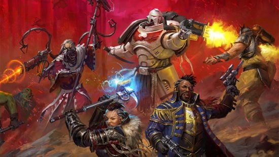 Warhammer 40k RPG Wrath and Glory - an adventuring party including a Space Marine, imperial preacher, noble, and techpriest