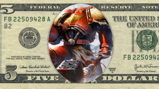 Warhammer 40k strategy games - A photo montage of a $5 bill with the portrait of Abraham Lincoln replaced with a Space Marine in red armor holding a thunder hammer