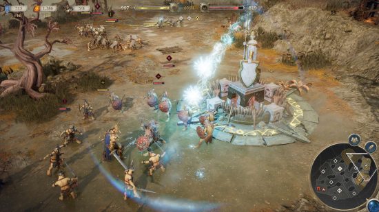 Age of Sigmar Realms of Ruin screenshot - a bastion shoots lightning at Orruk Kruleboyz