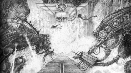 Warhammer artist John Blanche's line illustration of the Golden Throne of terra - a wniged skull hangs above a golden aurora at the apex of a great pyramid, while giant machines loom nearby