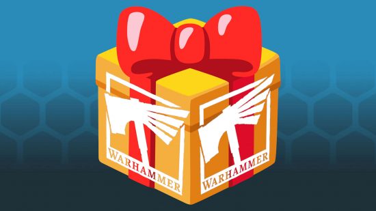 Warhammer Christmas Gifts box - an emoji Christmas gift with the Warhammer logo (a combination hammer / eagle wing) superimposed on the sides