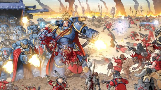 Warhammer Comics - art from Marneus Calgar, a powerfully armored Space Marine in blue power armor slays hundreds of cultists