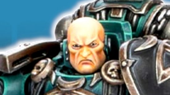 Warhammer Horus Heresy consul mini Dark Emissary - Games Workshop photo showing the new Dark Emissary model's face zoomed into an ultra close up