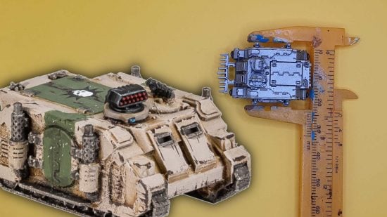 Warhammer Legions Imperialis free Warhammer model - Games Workshop image of a Legions Imperialis Rhino model painted in Death Guard colors, next to a wargamer photo of the model measured in calipers