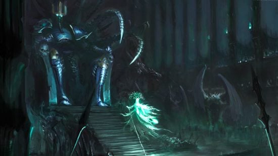 Warhammer Nagash guide - Games Workshop artwork showing Nagash on his throne in Shyish welcoming Lady Olynder of the Nighthaunt