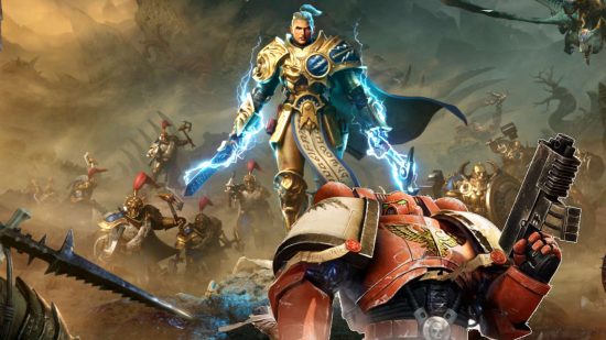 Warhammer Realms of Ruin and the legacy of Dawn of War - photo montage of a Stormcast Eternals warrior in golden armor holding lightning-wreathed weapons, and a Space Marine in red armor holding a boltgun