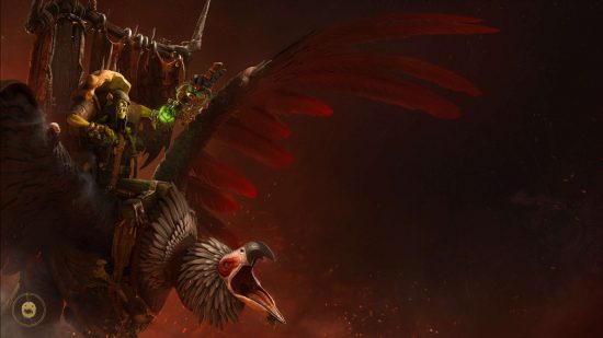 Warhammer Age of Sigmar Realms of Ruin DLC - Gobsprakk, a green-skinned Orruk shaman riding a vast vulture