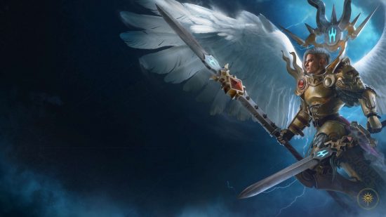 Warhammer Age of Sigmar Realms of Ruin DLC - Yndrasta, an angelic, spear-wielding figure in golden armor