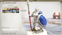 A Stormcast eternal painted by the Warhammer Realms of ruin single-player developer Daniel Saunders, superimposed on the unit painting screen from the game