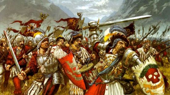 Warhammer the Old World Combat Phase - Empier infantry armed with swords and shields, dressed in bright red and white clothes