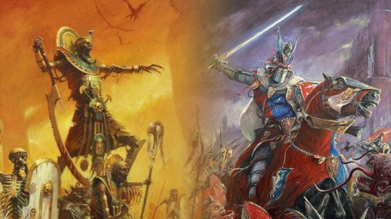 Warhammer The Old World Combat Phase - photomontage of a mummified Tomb King and a Bretonnian Knight