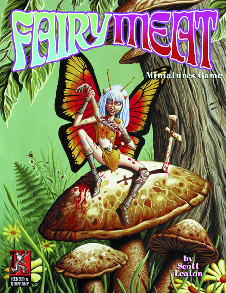 The cover art for Fairy Meat, a wargame weirder than Warhammer - a butterfly winged fairy sits on a mushroom eating the arm of another fairy