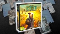 7 Wonders Duel review - compound image showing the official sales picture of the box art, superimposed on an author photo of the game's cards