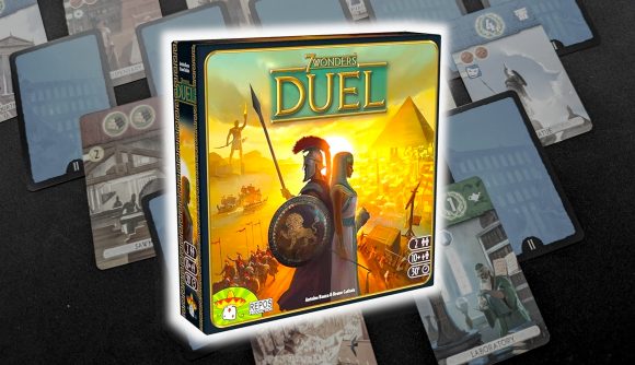 7 Wonders Duel review - compound image showing the official sales picture of the box art, superimposed on an author photo of the game's cards