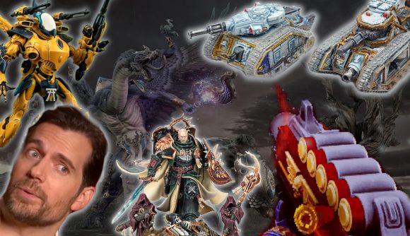 Warhammer 2023 retrospective - compound image including screenshot elements from Age of Sigmar Realms of Ruin and Warhammer 40k Boltgun, with overlaid images including Wargamer's own painted Legions Imperialis minis, a Games workshop photo of a painted Aeldari Wraithknight, a sales photo of the new Lion El Jonson model, and the face of Henry Cavill from a Sherlock Holmes movie trailer screenshot.