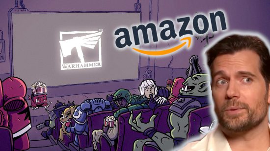 Compound image based on a Games Workshop cartoon artwork showing warhammer 40k characters in a cinema, overlaid with the amazon logo and the face of Henry Cavill, from an Enola Holmes 2 movie trailer screenshot