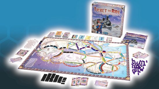 Best board games for couples guide - Ticket to Ride Nordic Countries photo showing the main box, board, cards, and pieces laid out