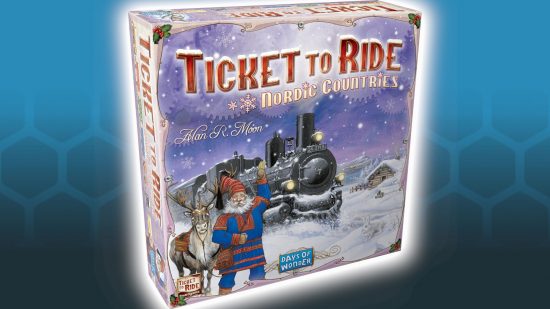 Best board games for couples guide - Ticket to Ride Nordic Countries photo showing the main front box art with a train and scandinavian white bearded person