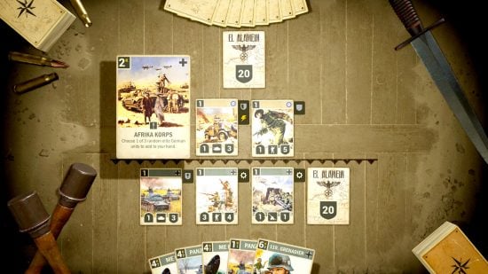 Best free war games online guide - Kards WW2 card game screenshot showing a game in play, with several unit cards laid out on a wooden tabletop