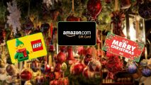 Best gift cards seen floating around a Christmas tree, including Lego, Amazon, and Zatu games.