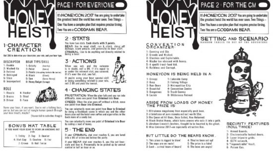 Best holiday themed tabletop RPGs guide - publisher artwork from the RPG Honey Heist, showing the one page rules.