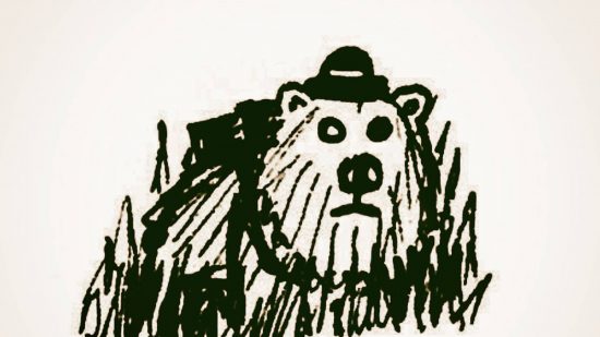 Best holiday themed tabletop RPGs guide - publisher artwork from the RPG honey Heist, showing a black and white woodcut of a bear wearing a hat.