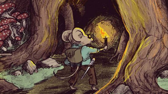Best holiday themed tabletop RPGs guide - publisher artwork from the RPG Mausritter showing a mouse character in a dungeon with a burning torch