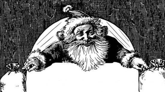 Best holiday themed tabletop RPGs guide - publisher artwork from the RPG Santa vs. Santa, showing a black and white woodcut of Santa Claus