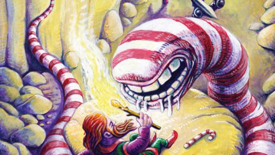 Best holiday themed tabletop RPGs guide - publisher artwork from the RPG The Doom That Came To Christmastown, showing a terrifying candy cane worm with huge teeth