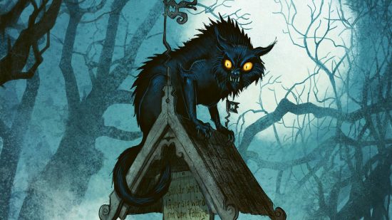 Best holiday themed tabletop RPGs guide - publisher artwork from the RPG Vaesen, showing a huge black cat standing on top of a well at night time