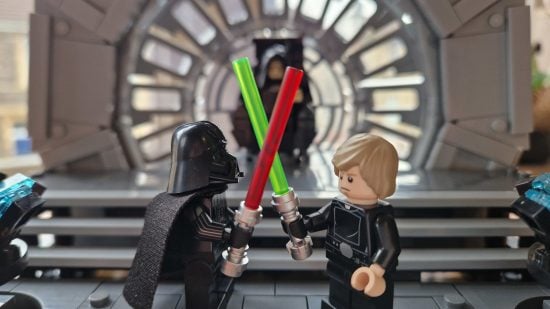 Best Star Wars Lego sets guide - Emperor's Throne Room Diorama - author's photo showing Luke Skywalker and Darth Vader dueling with lightsabers in front of Emperor Palpatine in his command throne