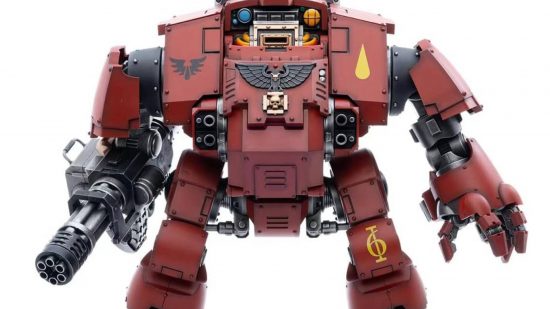 Best Warhammer 40k action figures guide - sales photo showing the JoyToy Space Marine Dreadnought action figure in Blood Angels red colors