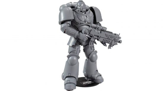 Best Warhammer 40k action figures guide - sales photo showing the McFarlane Toys Primaris Space Marine Intercessor action figure in artists proof (gray) color