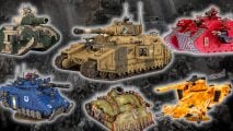 Best Warhammer 40k tanks guide - compound image from a Games Workshop photo of an Astra Militarum army fighting Tyranids, overlaid with GW product photos for the Leman Russ, Rogal Dorn, Baneblade, Repulsor Executioner, Plagueburst Crawler, Chaos Land Raider, and Tau Hammerhead tanks