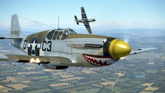 Best WW2 games guide - IL-2 Sturmovik screenshot showing an American P-51b Mustang fighter plane in flight, with a face and teeth painted on the front of the fuselage.